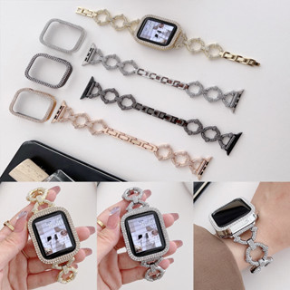 สายนาฬิกาข้อมือโลหะ ประดับเพชร พร้อมเคส สําหรับ Apple Watch 45 มม. 44 มม. 42 มม. 41 มม. 40 มม. 38 มม. Smart Watch Series 8 7 6 5 4 3 SE