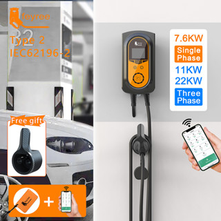 Feyree EVSE ที่ชาร์จติดผนังรถยนต์ไฟฟ้า 7.6KW 11KW 22KW 32A EV Type2 สายเคเบิล IEC62196-2 พร้อมฟังก์ชั่นการ์ด APP RFOD