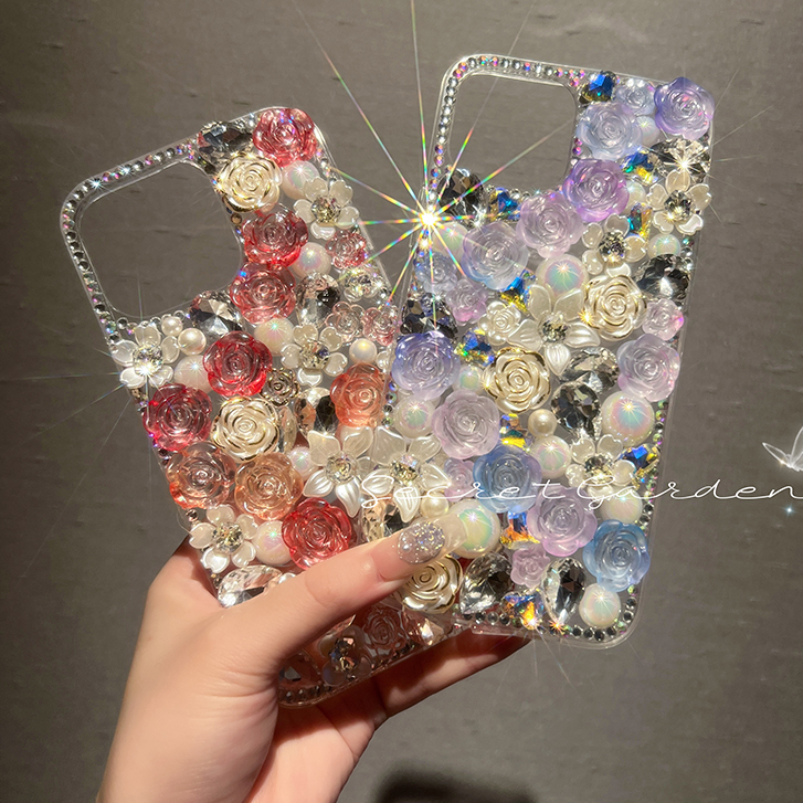 Bling เพชร Rose ดอกไม้สําหรับ iPhone 17 16 15 11 12 13 14 Pro Max 7 8 14Plus XS XR หรูหราคริสตัล Rhinestone Glitter DIY Handmade กันกระแทกปกหลัง