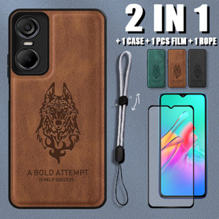 เคสหนังหรูหรา ลายหมาป่า 2 IN 1 สําหรับ Tecno Pop 6 Pro BE8 พร้อมตัวป้องกันหน้าจอเซรามิค และสายคล้อง ปรับได้