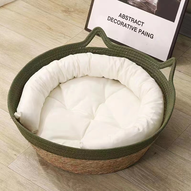 รังแมว คอกสุนัข เป็นสากลในทุกฤดูกาล การทอฟาง ซักได้ รังสัตว์เลี้ยง Pet Bed