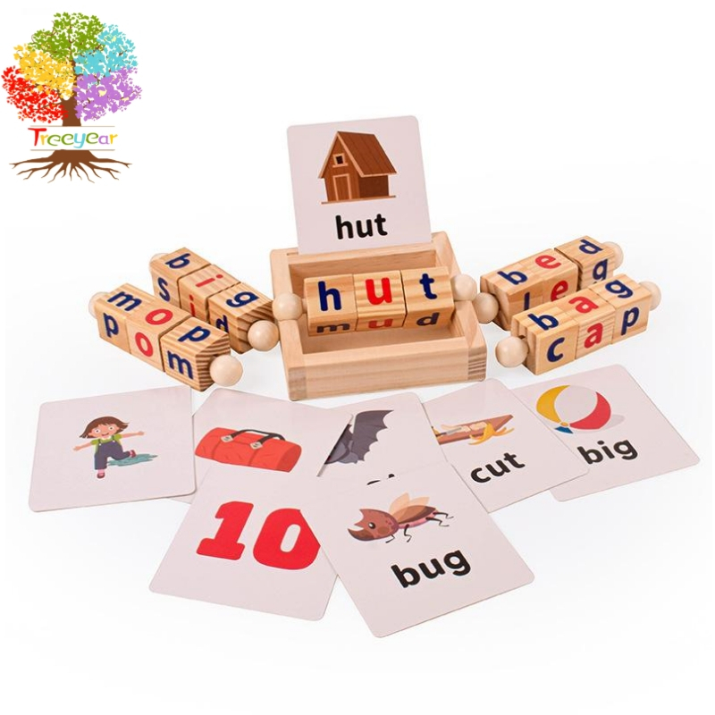 Montessori บล็อกไม้อ่านหนังสือ รูปตัวอักษร หมุนได้ ของเล่นเสริมการเรียนรู้ สําหรับเด็กวัยหัดเดิน 2 3 4 ปี