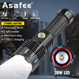 Asafee ไฟฉาย LED 30W 8501 เรืองแสงกลางคืน ระยะไกล 1500 ม. ชาร์จ USB แข็งแรง หลากสี