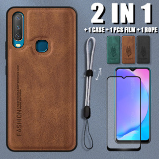 2 IN 1 เคสหนังนิ่ม หรูหรา สําหรับ VIVO Y12 Y15 Y17 พร้อมฟิล์มเซรามิค และสายคล้อง ปรับได้