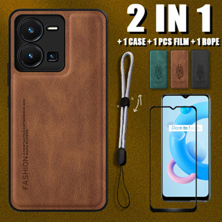 เคสหนังหรูหรา 2 IN 1 สําหรับ VIVO Y35 พร้อมตัวป้องกันหน้าจอเซรามิค และเชือกปรับได้