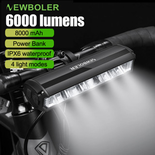 NEWBOLER 6000 Lumen ไฟจักรยาน USB ชาร์จ 8000mAh ไฟหน้าจักรยาน IPX6 กันน้ำด้านหน้าไฟกระพริบอลูมิเนียมกรณีจักรยานอุปกรณ์เสริม