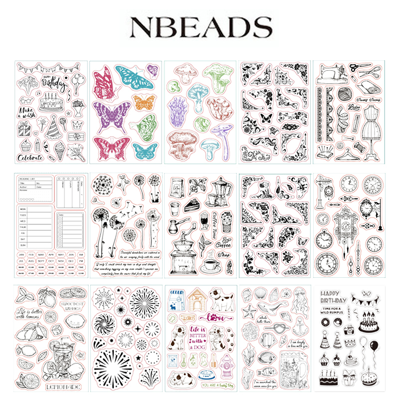 Nbeads Happy Birthday Clear Stamps Transparent Silicone Stamp Cake Fireworks Flowers Balloons for Card Making Decoration and DIY Scrapbooking