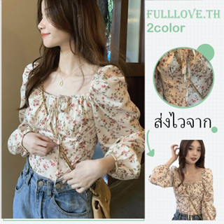 Fulllove ส่งไวจาก|| เสื้อแขนยาว คอเหลี่ยม ลายดอกไม้ สําหรับผู้หญิง เสื้อครอปเซ็กซี่ ไตล์ฝรั่งเศส คอสี่เหลี่ยมส