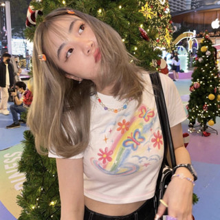 เสื้อยืดครอปสั้น พิมพ์ลายสายรุ้ง อเนกประสงค์ เข้ารูป สําหรับผู้หญิง