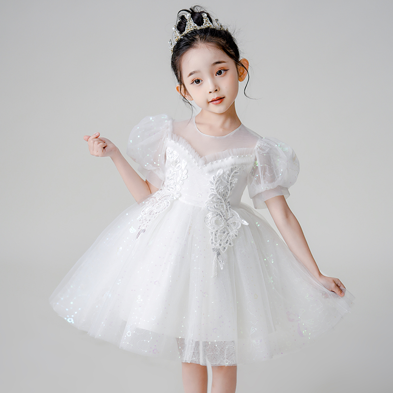 ชุดเดรสสั้น แขนฟอง แต่งลูกไม้ ลายดอกไม้ สีขาว สไตล์เจ้าหญิง สําหรับเด็กผู้หญิง อายุ 2-12 ปี