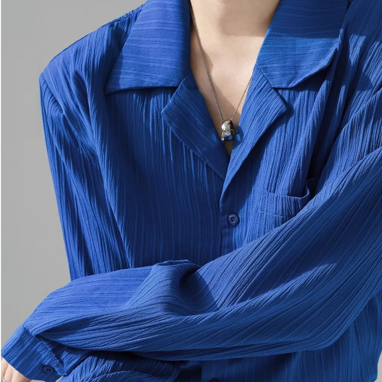Textured แขนยาวลายชายเสื้อ M-3XL สี่สีรายการ Klein Blue เสื้อชาย Abstinence ผ้าม่านชายเสื้อ Cuban Collar หลวม All-Match เสื้อ