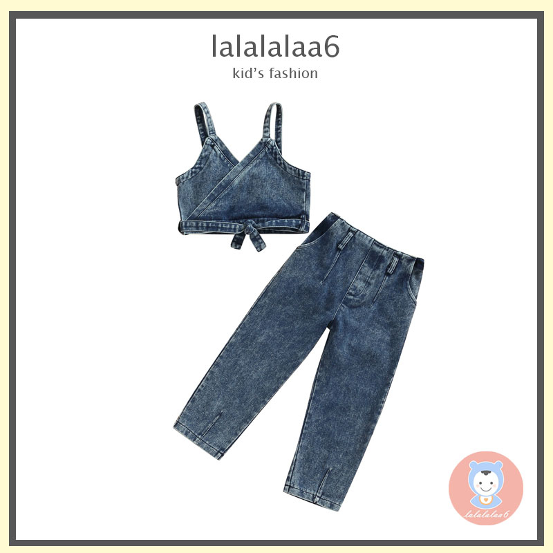 Laa6-เสื้อครอปแขนกุดสีทึบสําหรับเด็กผู้หญิง + กางเกงขายาวผ้าเดนิมเอวยางยืด + เข็มขัดคาดเอวตกแต่ง