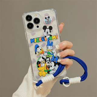 Disney เคสโทรศัพท์มือถือ ซิลิโคนนุ่ม ลายการ์ตูนดิสนีย์ มิกกี้ โดนัลด์ดั๊ก พร้อมสายคล้อง สีฟ้า สําหรับ iPhone 14Pro max 13Pro max 12Pro max 14Pro 13Pro 12Pro 12 11 13 14 case