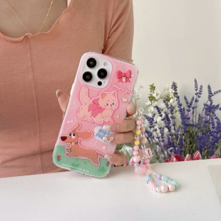 เคสโทรศัพท์มือถือ ลายการ์ตูนแมวน่ารัก พร้อมสายโซ่คล้อง สีชมพู สําหรับ iPhone 14Pro max 13Pro max 12Pro max 14Pro 13Pro 12Pro 12 11 13 14 case