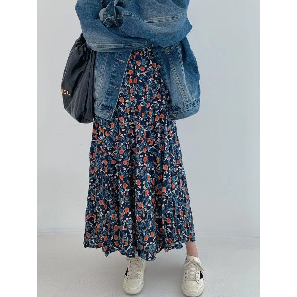 สไตล ์ เกาหลีผู ้ หญิงสุภาพสตรียืดหยุ ่ นเอวสูงลายดอกไม ้ จีบกระโปรงยาว Midi Dress พร ้ อมสต ็ อกใหม ่