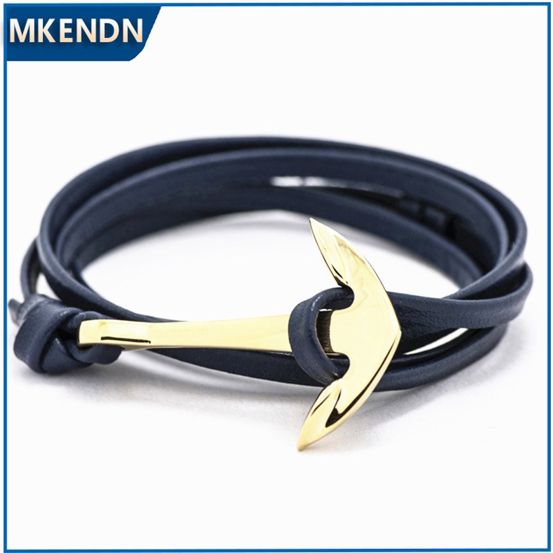 Mkendn แฟชั่นสีทอง Anchor Hook สร้อยข้อมือคลาสสิก Multilayers Leather Men Bracelet