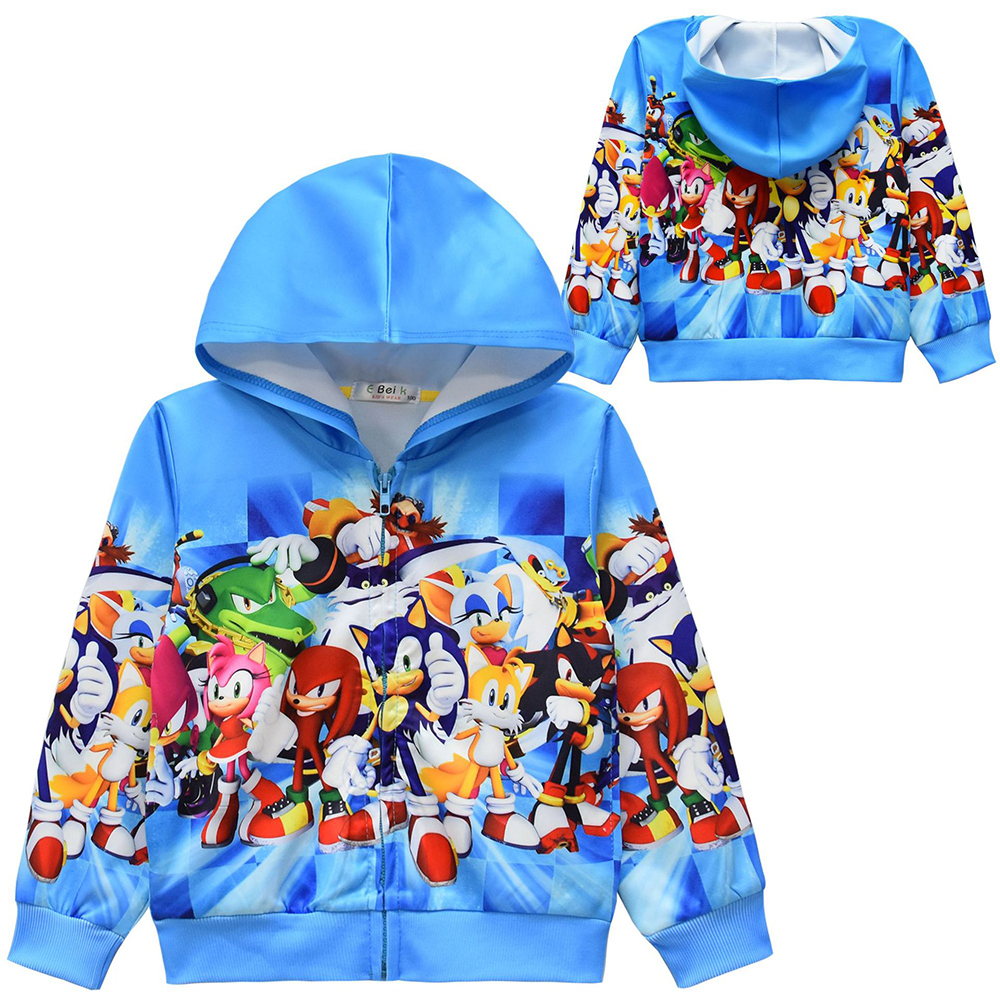 เสื้อแจ็กเก็ตกันลม มีฮู้ด พิมพ์ลายการ์ตูนเม่นโซนิค สีฟ้า แฟชั่นสําหรับเด็กผู้ชาย Sonic The Hedgehog