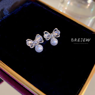 DREJEW ต่างหูสตั๊ด เข็มเงิน ประดับเพชร โบว์ มุก ดีไซน์หวาน เรียบง่าย ไฮเอนด์