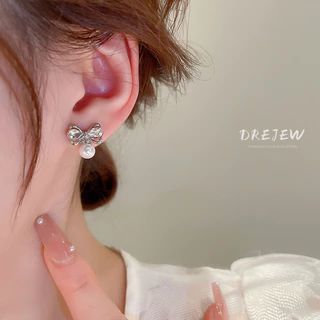 DREJEW ต่างหูสตั๊ด เข็มเงิน ประดับเพชร โบว์ มุก ดีไซน์หวาน เรียบง่าย ไฮเอนด์