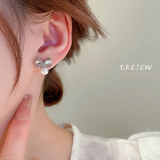 DREJEW ต่างหูสตั๊ด เข็มเงิน ประดับเพชร โบว์ มุก ดีไซน์หวาน เรียบง่าย ไฮเอนด์