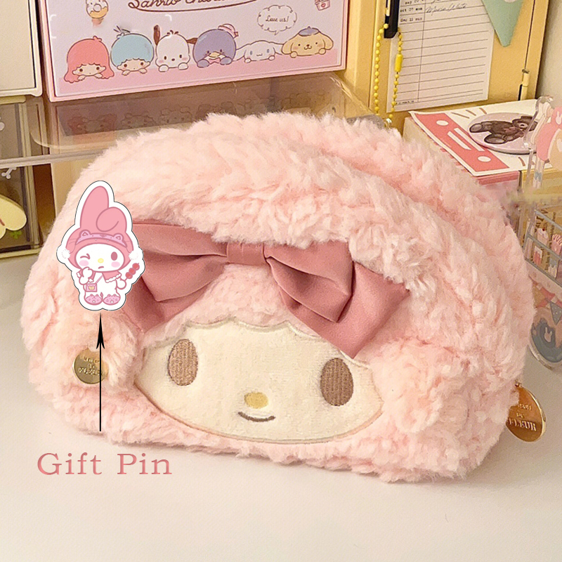 Kawaii กระเป๋าดินสอ กระเป๋าเครื่องสําอาง ผ้ากํามะหยี่ สีดํา ขนนิ่ม น่ารัก สามารถถืออุปกรณ์สํานักงาน นักเรียนหลายคนได้