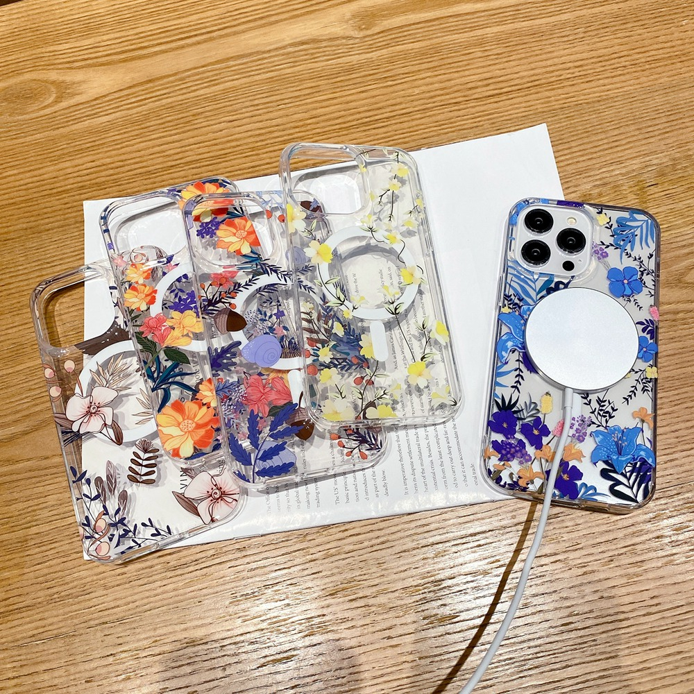 Clear Leaf ดอกไม้เคสโทรศัพท์สําหรับ iPhone 16 15 14 12 13 Pro Max 15 Plus แม่เหล็กชาร์จไร้สายฝาครอบใส
