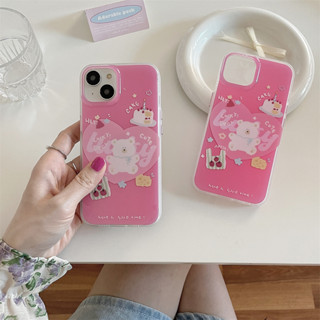 เคสโทรศัพท์มือถือ TPU แบบนิ่ม ลายหมี เค้ก สีแดงกุหลาบ สําหรับ iphone 14 Pro Max 13 Pro Max 12 Pro Max