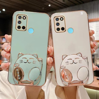 เคสโทรศัพท์มือถือซิลิโคน TPU ชุบ ทรงสี่เหลี่ยม ลายแมวร่ํารวย 6D สําหรับ Realme 7i C17 C7