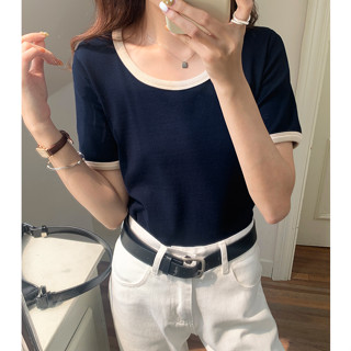 61868 เสื้อยืดคอกลม แขนสั้น สีตัดกัน สําหรับผู้หญิง