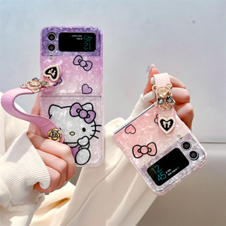 เคสป้องกันโทรศัพท์มือถือ ลายแมว ประดับโบว์ และหมี และสายรัดข้อมือ สําหรับ Samsung zflip3 zflip4 5G