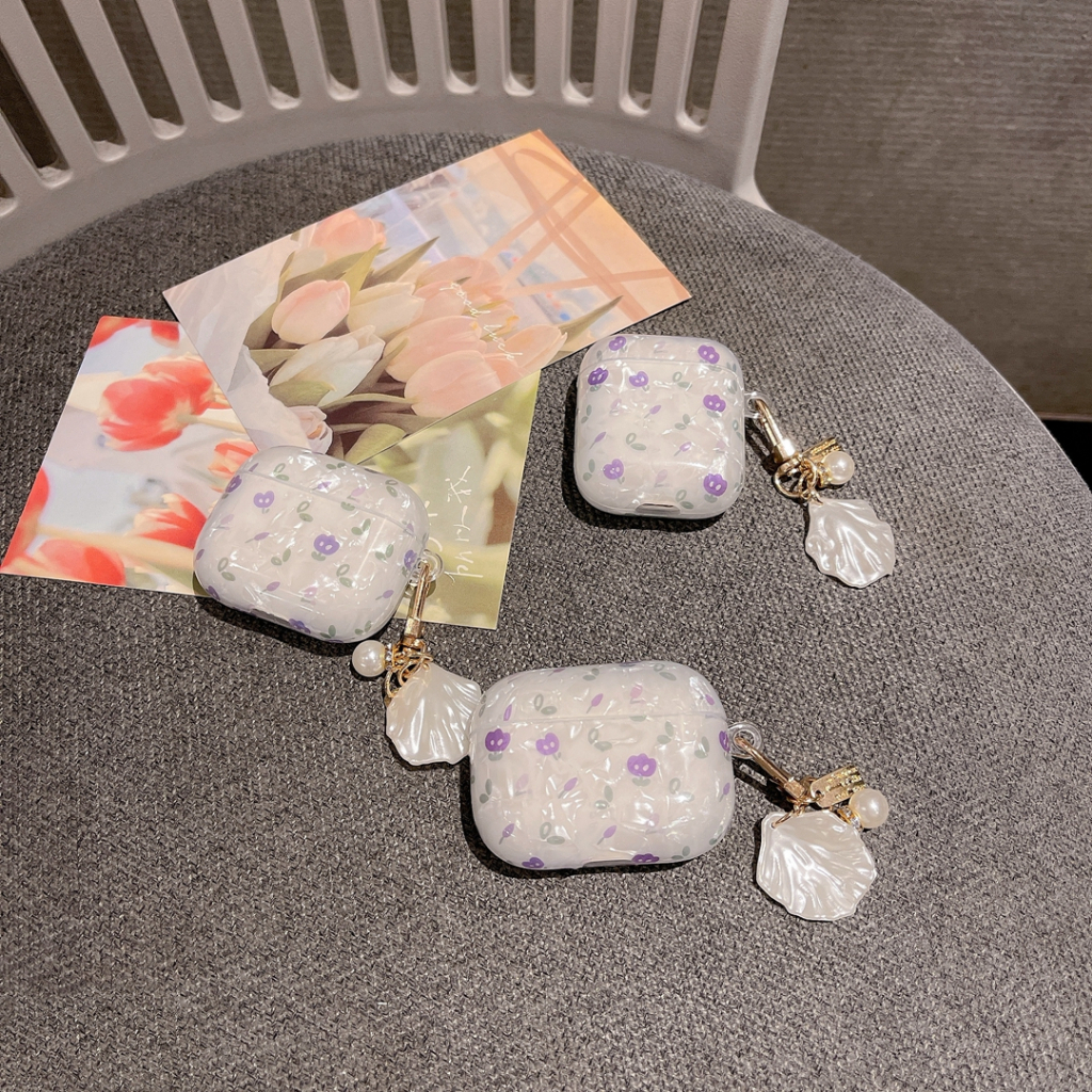 สําหรับ airpods pro 2nd gen 1 2 pro 3 เคสหูฟัง ลายดอกไม้สีม่วง พร้อมพวงกุญแจ