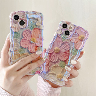 เคสโทรศัพท์มือถือ TPU ลายภาพวาดสีน้ํามัน รูปดอกไม้ สีฟ้า สําหรับ iPhone 14 Promax 13 Pro max 12 11