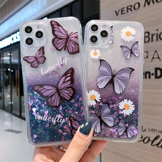 เคสโทรศัพท์มือถือ มีทรายไหล ประดับเลื่อม ลายผีเสื้อ สีม่วง สําหรับ XiaoMi 13 POCO X5 X4 M4 X3 M3Pro C50 F3 Mi 12T 11T Redmi Note 12 11 Pro 10C A1 Plus