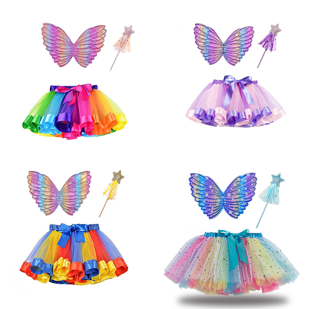 สาว Rainbow Tutu กระโปรงปีกผีเสื้อและ Wand เครื่องแต่งกายเด็ก CosPlay Party Fairy Wings Dress Up Tutu พร้อม Angel Wand