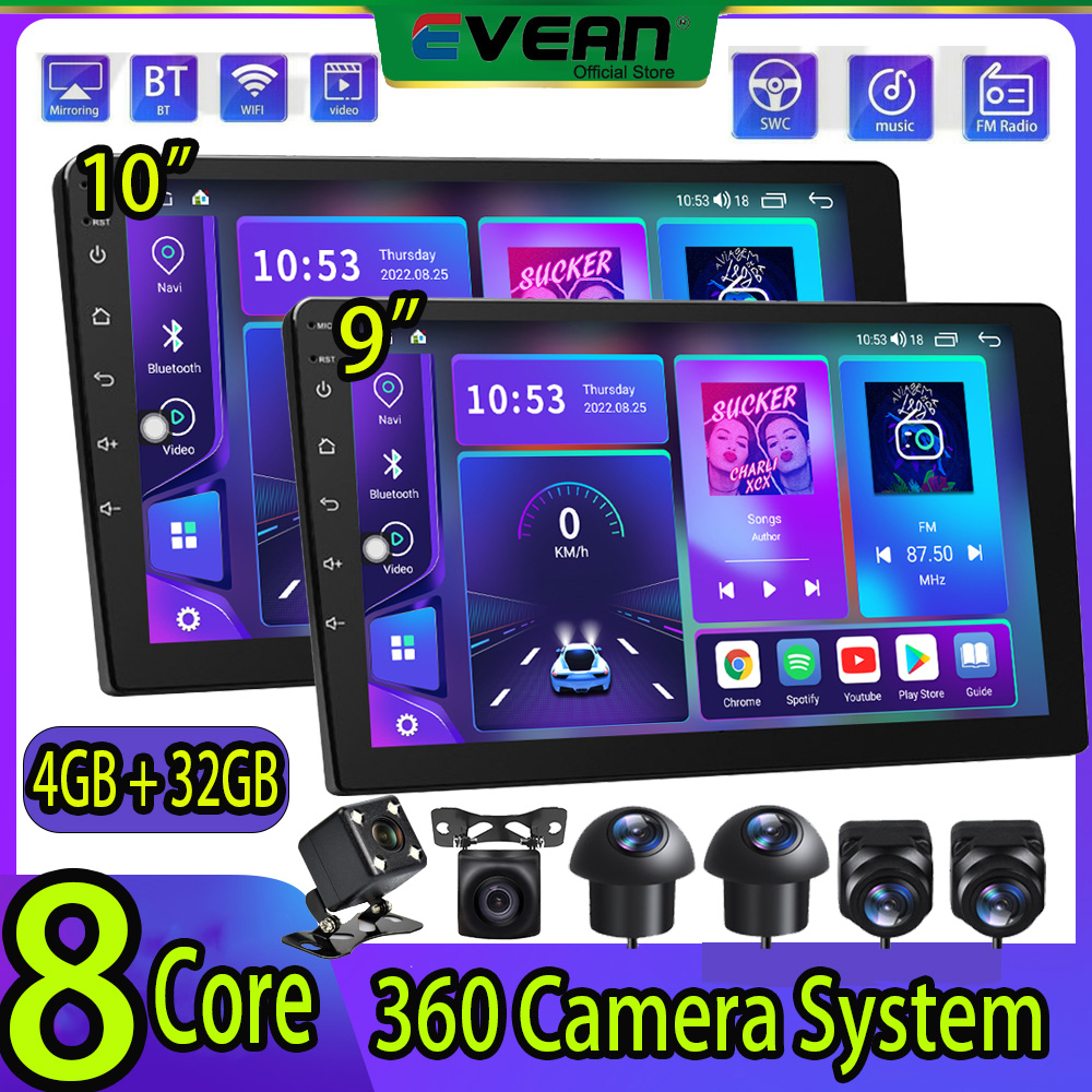 Evean 8 Core [4 + 32GB] 9 นิ้ว / 10 นิ้วเครื่องเล่น Android IPS 2Din พร้อม HD 360 กล้อง GPS รถวิทยุ DSP มัลติมีเดีย USB คลื่น / GPS FM BT Wifi หัวหน้าชั้นเรียน โฮสต์ + กล้องสำรอง