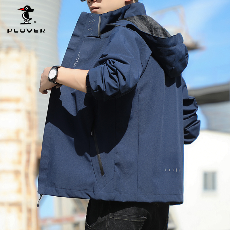 PLOVER เสื้อแจ็คเก็ตผู้ชาย เสื้อกันลมมีฮู้ดกันน้ำกันลมฮู้ดผู้ชายถอดได้กลางแจ้ง
