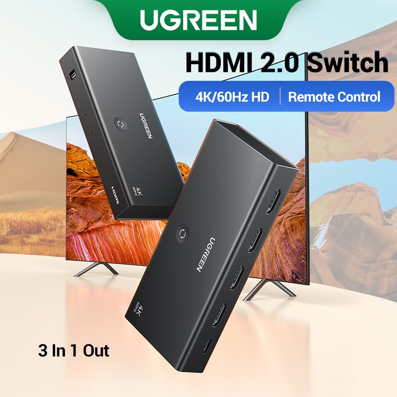 Ugreen HDMI 2.0 สวิตช์ 4K60HZ HDR 3 IN 1 OUT HDMI Splitter Dual พร้อมจอแสดงผล สําหรับแล็ปท็อป PS5 Sw