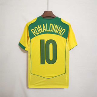 เสื้อกีฬาแขนสั้น ลายทีมชาติฟุตบอล Brazil RONALDINHO RONALDO KAKA 2004 ชุดเหย้า คุณภาพสูง สไตล์เรโทร