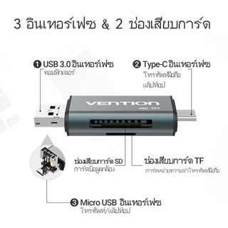 Vention เครื่องอ่านการ์ด 2 ใน 1 ยูเอสบี 3.0 ประเภทซี 512GB โอนเร็ว การอ่านการ์ดแบบคู่ เครื่องอ่านการ์ด SD บัตร TF ไมโคร SD TF ง่าย ใช้ได้กับ แล็ปท็อป โทรศัพท์มือถือ โอทีจี