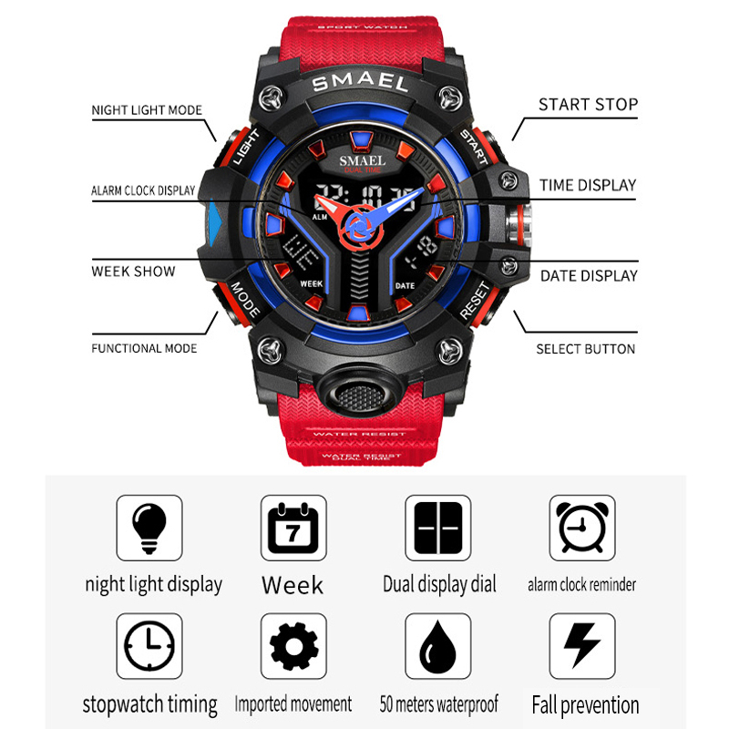 Smael ใหม่ นาฬิกาข้อมือสปอร์ต มีไฟ Led 8075 กันน้ํา กันกระแทก สําหรับผู้ชาย - รูปที่ 4