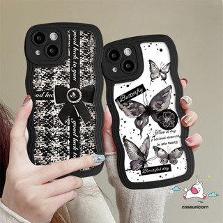 เคสโทรศัพท์มือถือนิ่ม ขอบหยัก ลายผีเสื้อ ประดับโบว์ สีดํา หรูหรา สําหรับ Realme C53 C51 9i 10 C55 C30 C25 C35 C12 C15 5 6i C21Y C33 C11 C25Y C25s 8i 7i 5i 7 5s C20 C20A 8 9 Pro+ C3 C17 เคสด้านหลัง