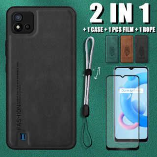 2 IN 1 เคสหนัง หรูหรา พร้อมเชือกปรับได้ และตัวป้องกันหน้าจอเซรามิค สําหรับ Realme C11 2021 C20 C20A