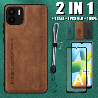 2 IN 1 เคสหนังหรูหรา พร้อมเชือกปรับได้ และตัวป้องกันหน้าจอเซรามิค สําหรับ Redmi A1 A2