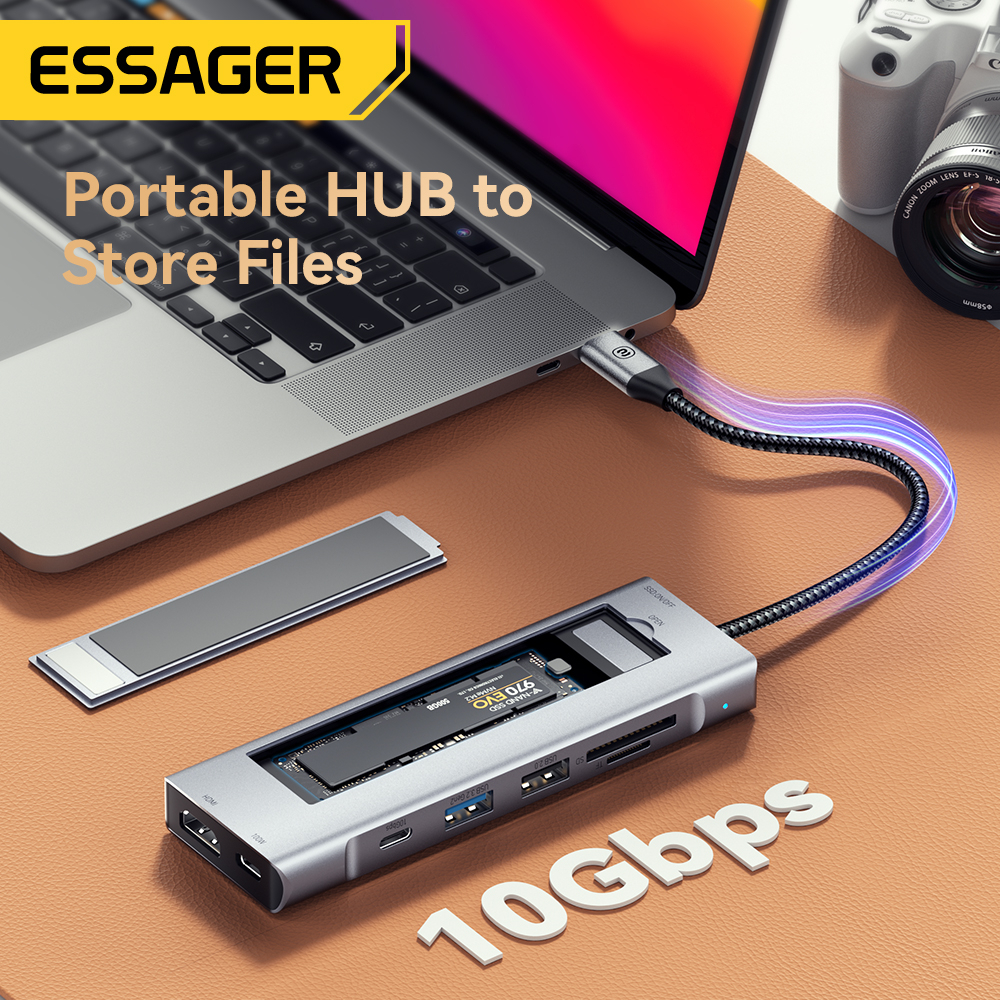 Essager 8 In 1 อะแดปเตอร์ฮับ Type C M2 SSD 4K HDMI เชื่อมต่อ PD 100W usb 3.2 10Gbps อเนกประสงค์ สําหรับแล็ปท็อป