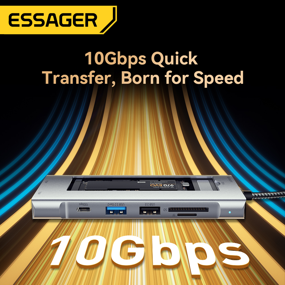 Essager 8 In 1 อะแดปเตอร์ฮับ Type C M2 SSD 4K HDMI เชื่อมต่อ PD 100W usb 3.2 10Gbps อเนกประสงค์ สําหรับแล็ปท็อป