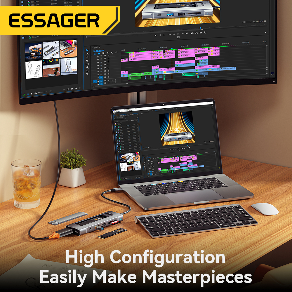 Essager 8 In 1 อะแดปเตอร์ฮับ Type C M2 SSD 4K HDMI เชื่อมต่อ PD 100W usb 3.2 10Gbps อเนกประสงค์ สําหรับแล็ปท็อป
