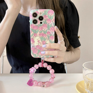 เคสโทรศัพท์มือถือ TPU ลายดอกทิวลิป กระต่าย แต่งกลิตเตอร์ สําหรับ iPhone 14 Pro Max 13 Pro Max 12 Pro Max