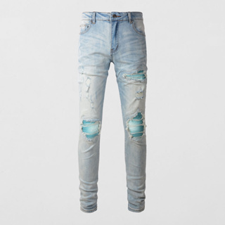 Street Fashion Men AMIRI Jeans Elastic Retro Light Blue Tight Fit Jeans Men Punk Pants Patch Designer Hip Hop Pants