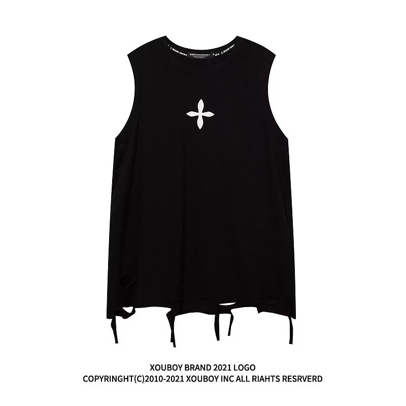Cross พิมพ์เสื้อยืดแขนกุดผู้ชาย S-Shirt S-3XL ชายเสื้อยืด Hip-Hop Hole Hem เสื้อยืดแขนกุดผู้ชาย