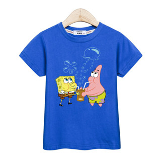 เสื้อเชิ้ต พิมพ์ลาย SpongeBob SquarePants แฟชั่นฤดูร้อน สําหรับเด็กผู้ชาย ผู้หญิง 3T-14T